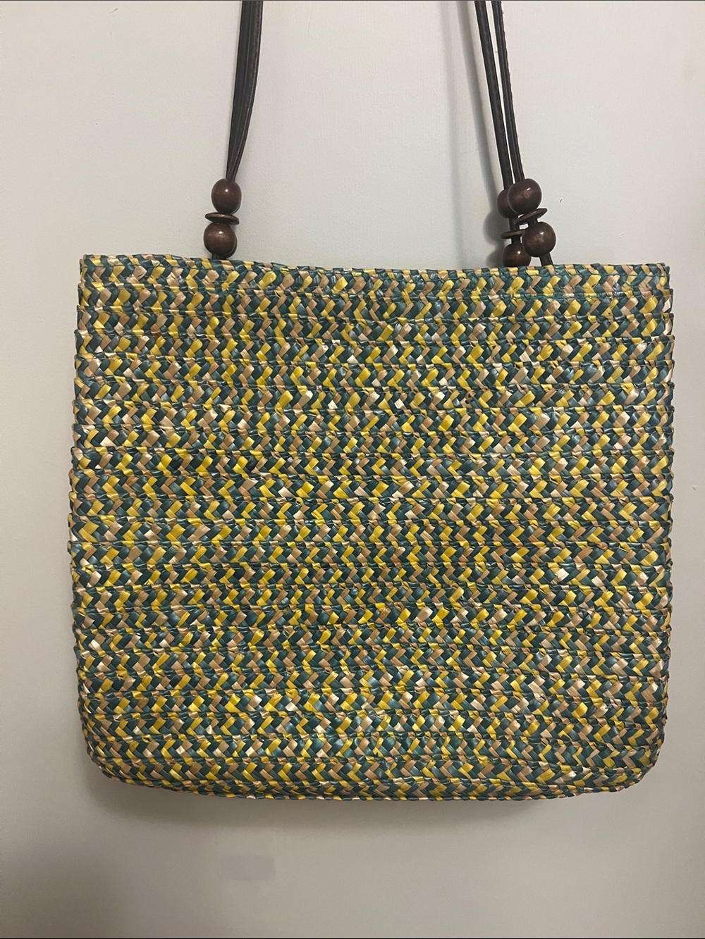 Woven Straw Tote Bag in Yellow & Green -